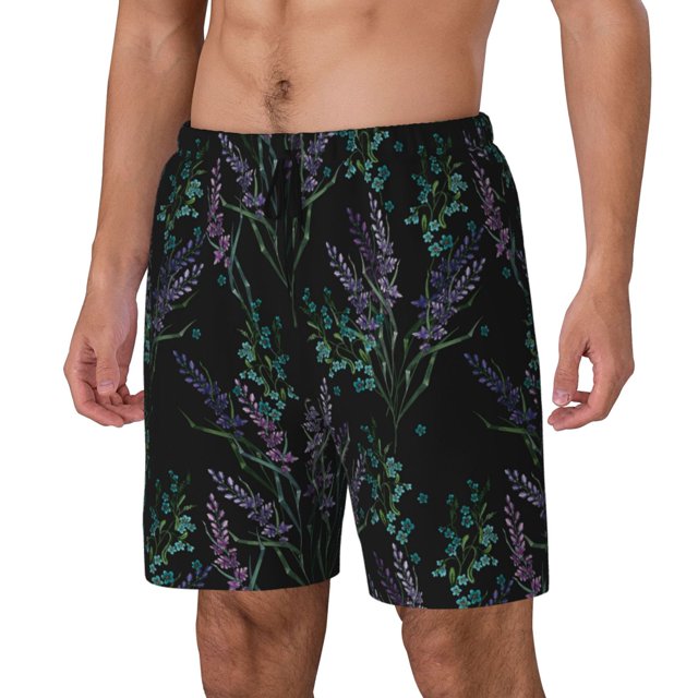 Lsque Lavender Flowers Pattern Mens Swim Trunks- Bathing Suit Compression Liner - Beach Swim Shorts Swimwear - (S-3XL) - Stretch Quick Dry-Small