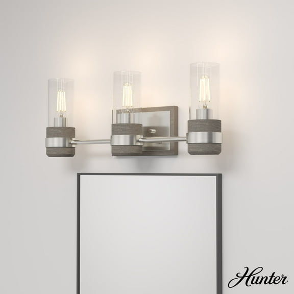Hunter - River Mill 3-light Brushed Nickel, Medium Size Vanity Light, Dimmable, Rustic Style, for Bedrooms, Dining, Living Rooms - 19467