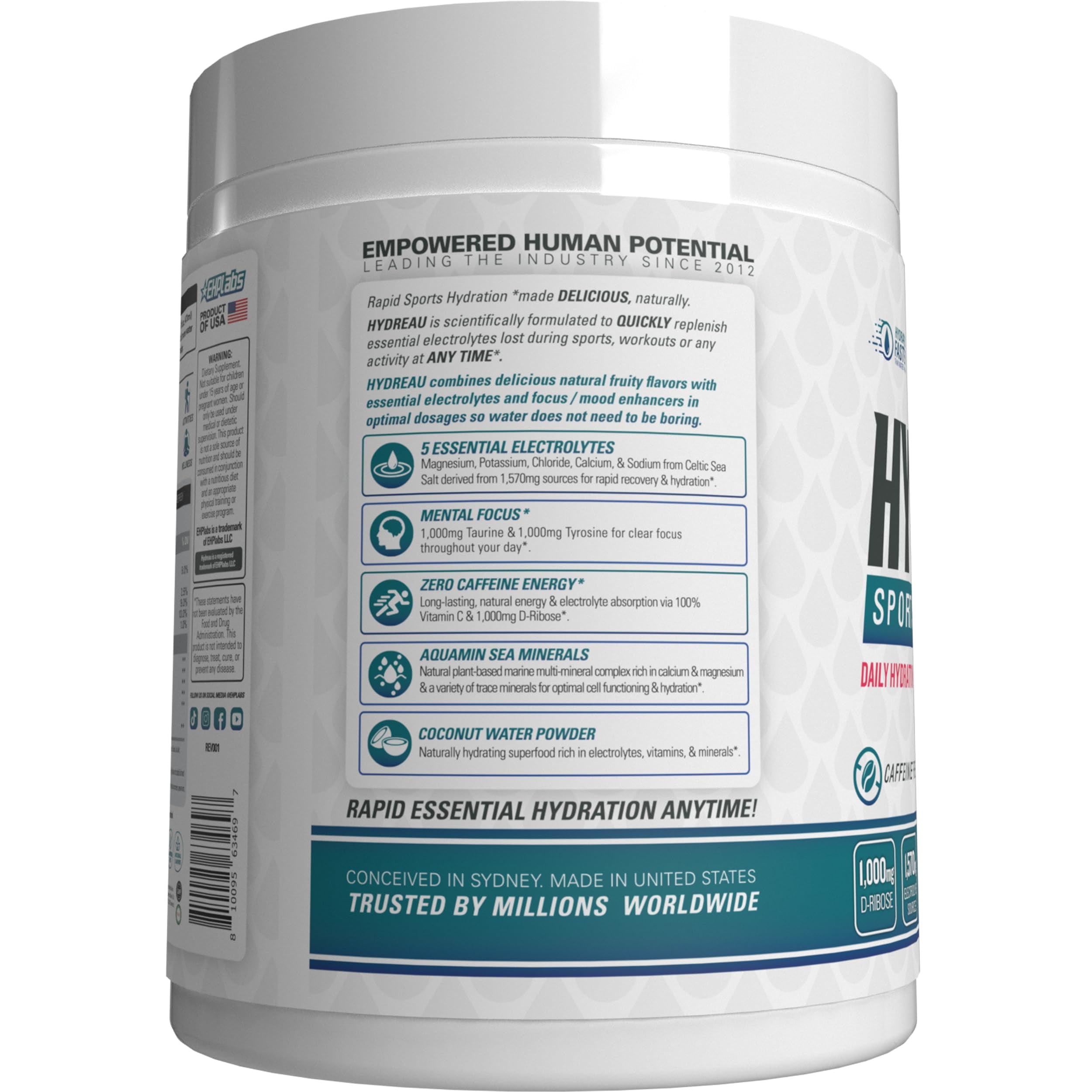 EHP Labs Hydreau Electrolytes Powder No Sugar - Hydration Powder for Endurance & Energy - Electrolyte Powder for Men & Women - Sugar Free Electrolytes - Raspberry Refresh (40 Serves)