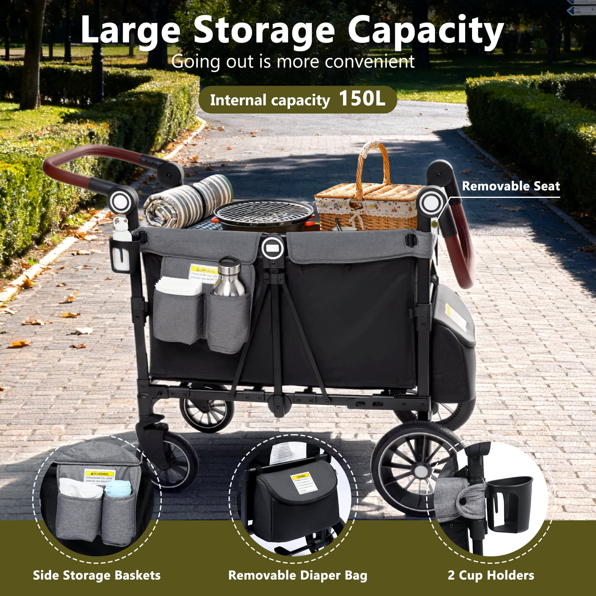 LINLUX 2 Kids Wagon Stroller, Foldable Outdoor 2-Seat Stroller Wagon, Removable Canopy, 55 Pound, Black Gray