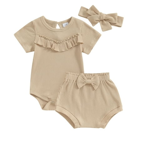 

Bagilaanoe 3pcs Newborn Baby Girl Shorts Set Short Sleeve Ruffles Rompers Tops + Shorts + Headband 3M 6M 12M 18M Infant Casual Summer Clothes