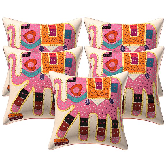 Stylo Culture Ethnic Chair Seat Throw Pillow Covers 16 x 16 Applique Patchwork Baby Pink Bohemian 40cm x 40cm Lounge Decor Cotton Elephant Square Cushion Covers | Set Of 5