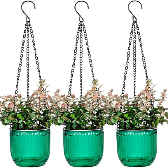 3 Pack 4.5 Inch Self Watering Hanging Planter, Hanging Planters for Indoor Plants Basket Bulk Outdoor Plastic Hanging Plant Pots with 3 Hook Chains Drainage Holes for Garden Home(Green)