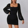 thumbnail image 2 of Women's square neck sexy hip dress elegant slim ladies clothing long sleeve pleated black dress, 2 of 4