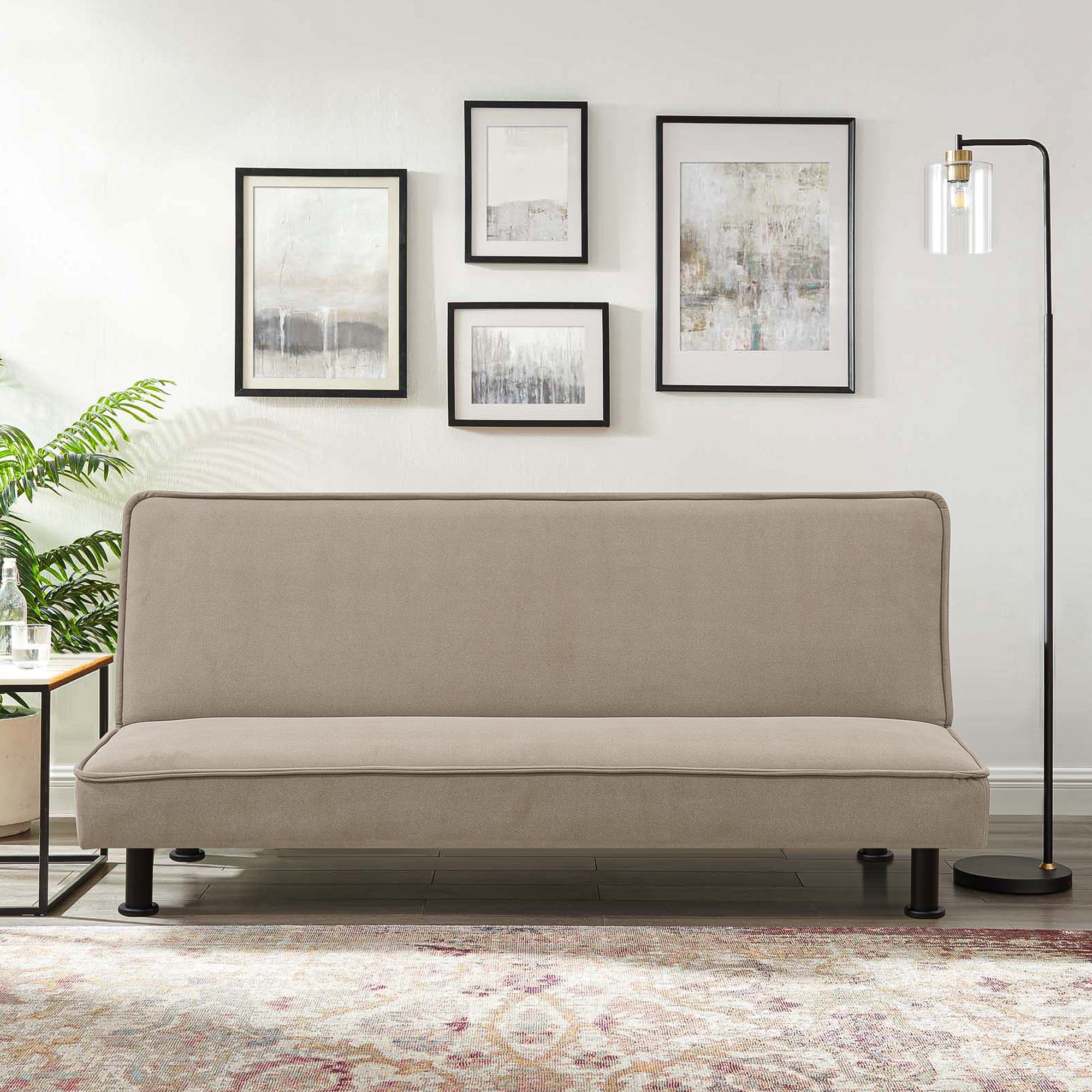 Resenkos Modern Fabric Sofa Couch Upholstered Futon Sofa Bed Loveseat, Tapered Metal Legs in Black Color, Khaki