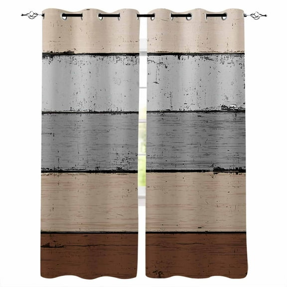Fsddascl Brown Grey Blackout Curtains for Bedroom/Living Room, Thermal Insulated Kitchen Curtains, Vintage Stripe Farmhouse Wood Grain Ombre Grommet Darkening Window Treatment Drapes 42"x54"x2