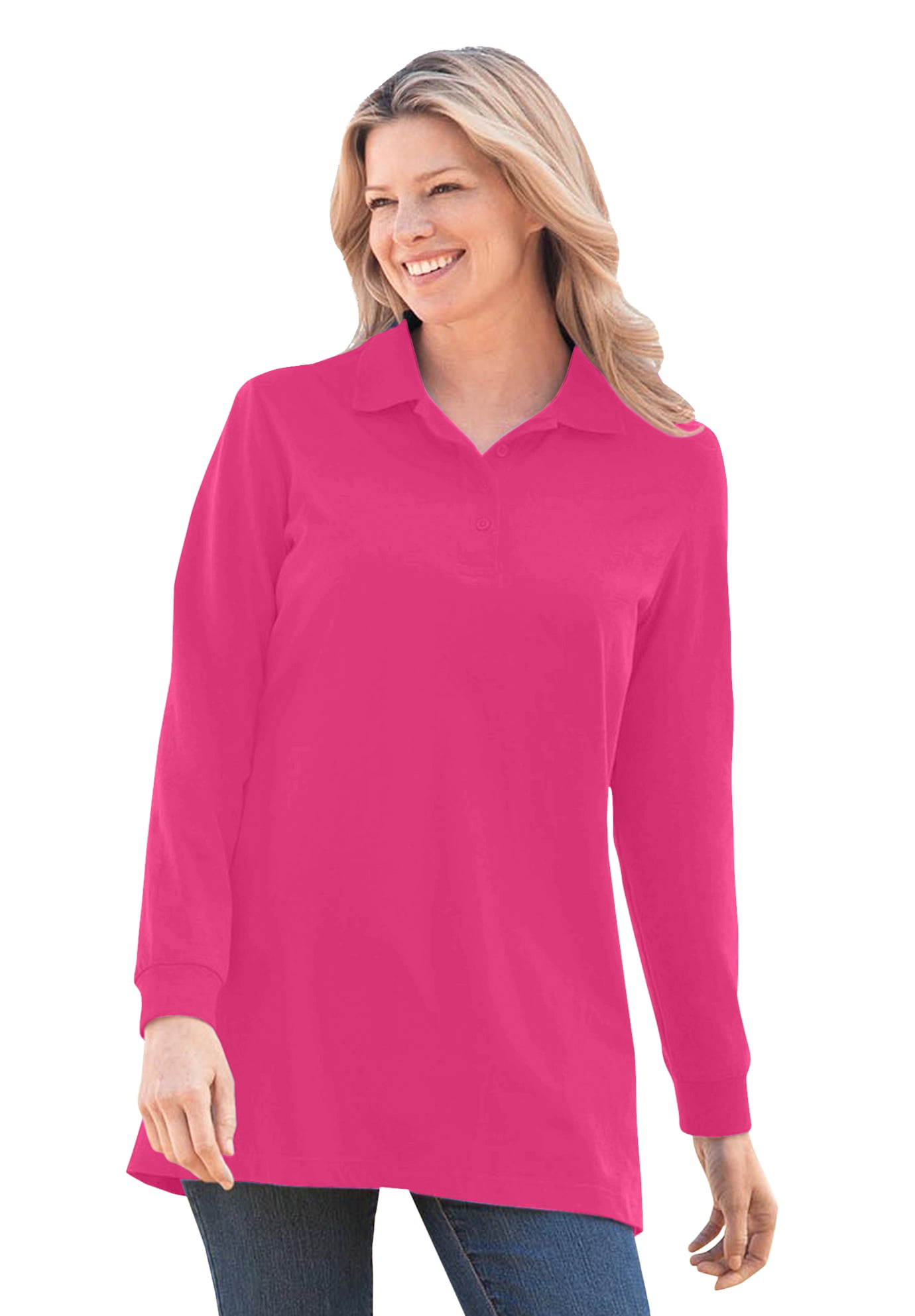 Woman Within - Woman Within Women's Plus Size Long-Sleeve Polo Shirt ...