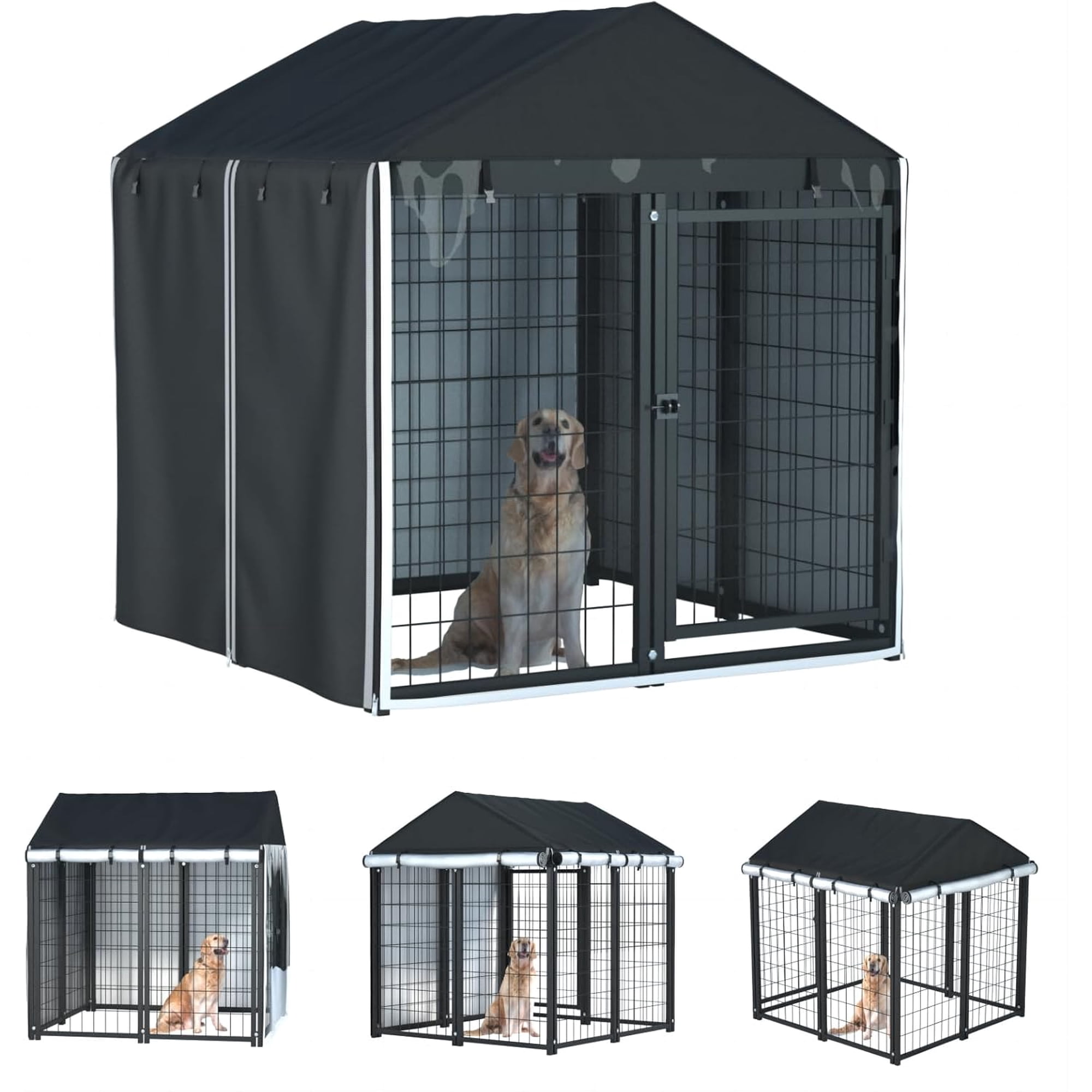Dog Kennel Cover – Full Coverage for 4.2'D x 4.2'W x 4.5'H Cages, 600D Waterproof Polyester, Black, Single Unit