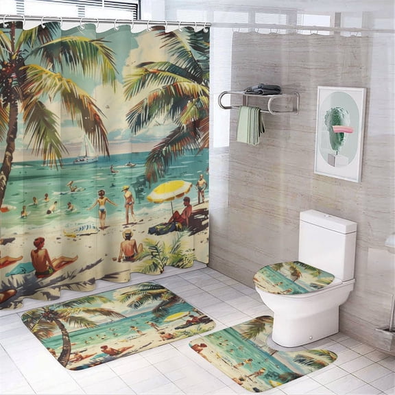 4 Pcs Shower Curtain Sets Vintage Beach Scene Bathroom Shower Curtain Set with Rugs Summer Vacation Beach Bathroom Decor Sets for Bathroom Decor 72inch X 72inch