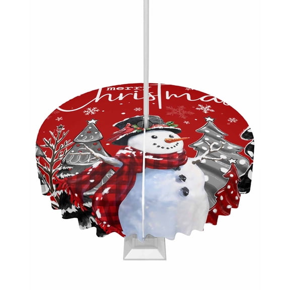 Fsddascl Red Christmas Outdoor Tablecloth - 54 Inch Round Dining Table Cover, Xmas Snowman Snowflake Tree Black Grey Waterproof Outdoor Table Cloth with Umbrella Hole & Zipper for Picnic/Patio/Party