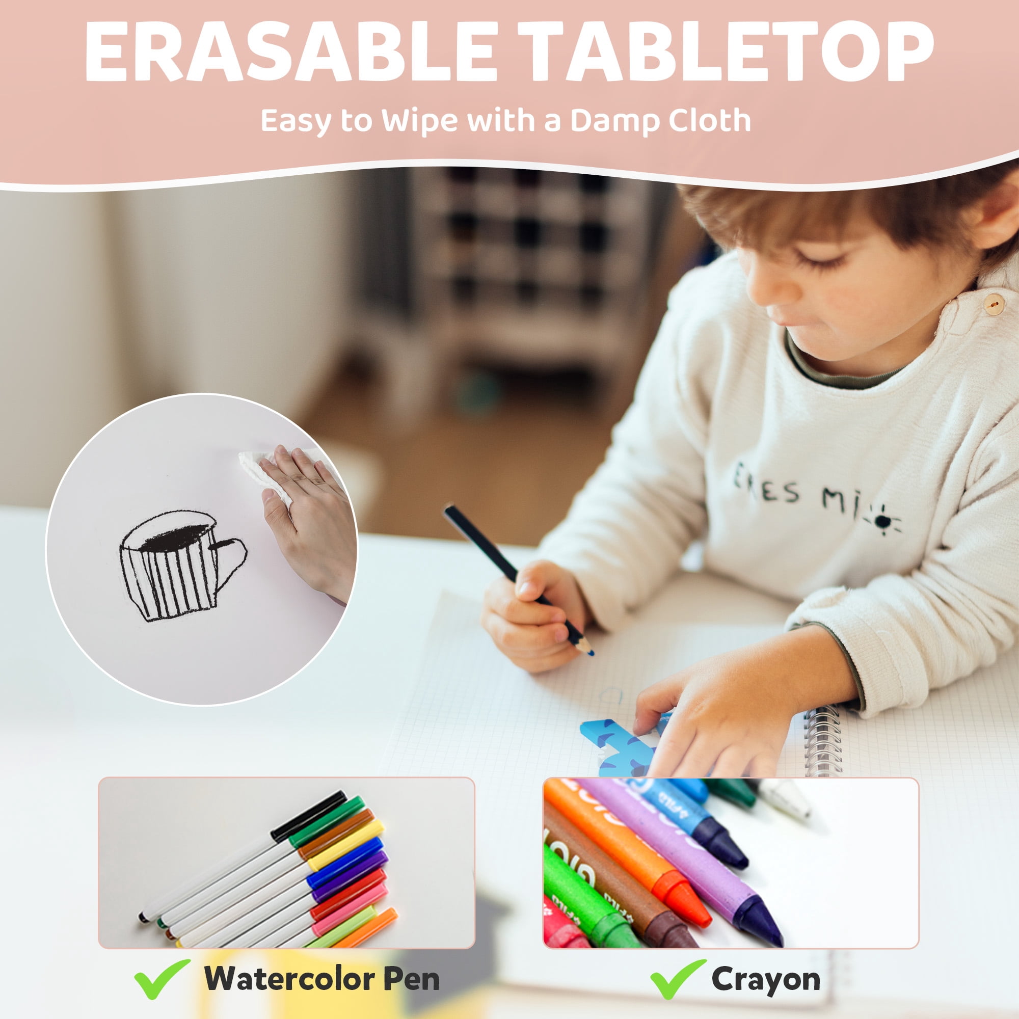 DOREROOM Kids Table and 2 Chairs Set, Height-Adjustable Toddler Table and Chair Set with Graffiti Desktop, 31.5''L x 23.6''W Children Activity Table for Daycare, Classroom, Home