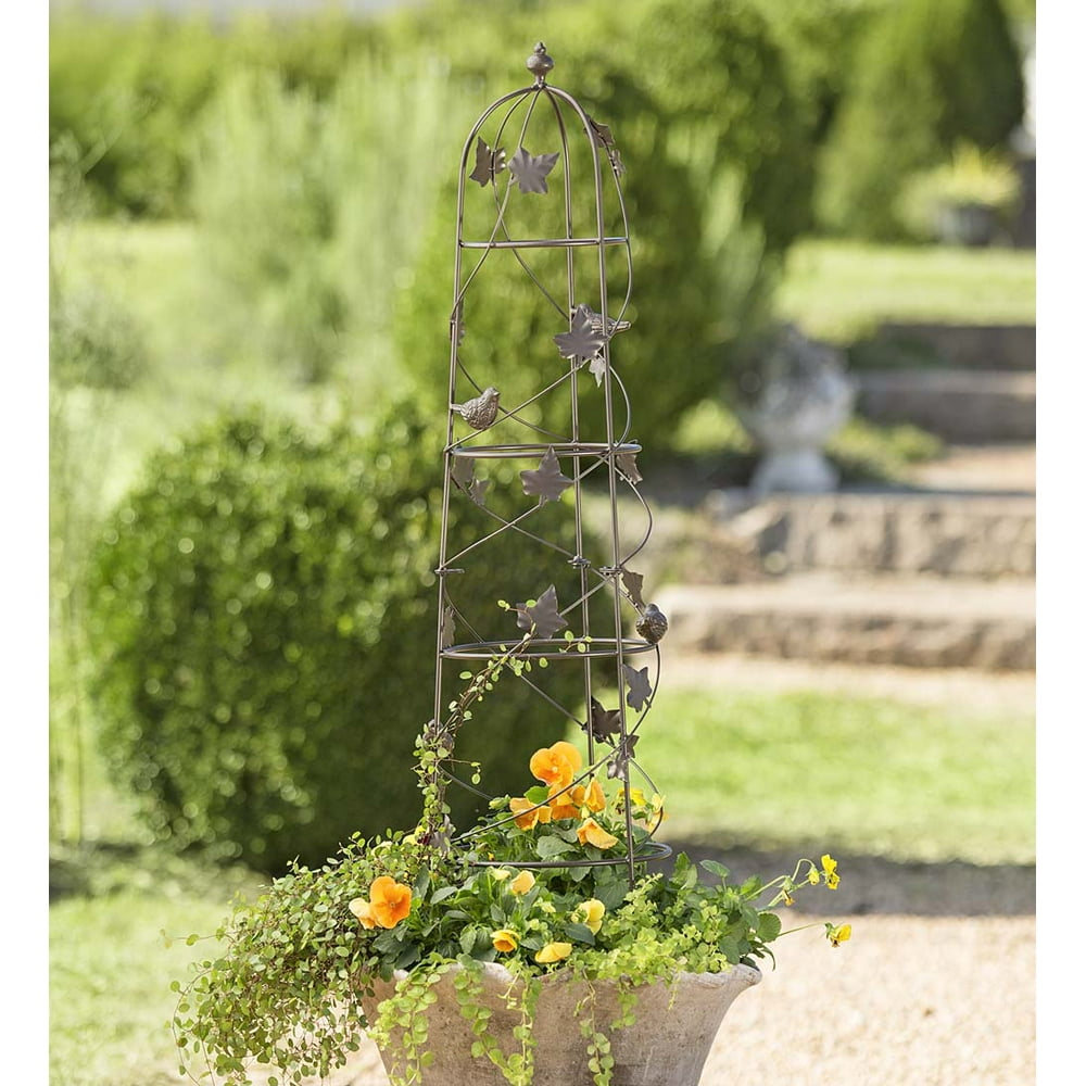 Garden Trellis Obelisk with Birds &amp; Vine Design for