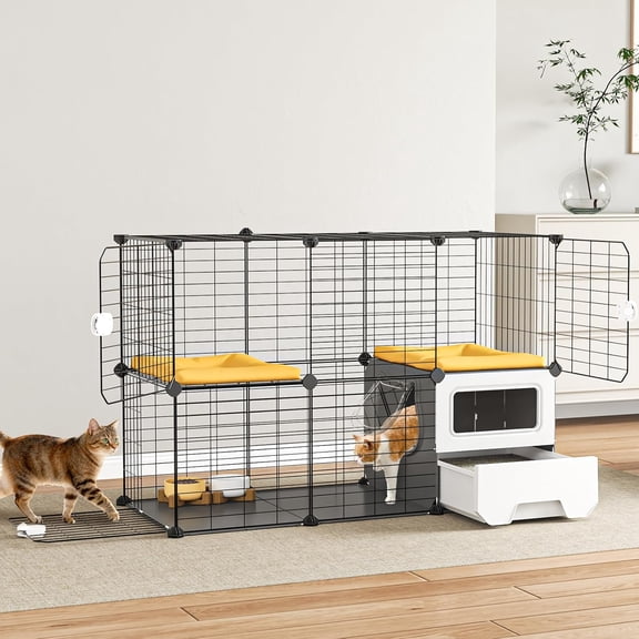 Oneluck Cat Cage Indoor with Litter Box 2-Tier DIY Cat Playpen Detachable Metal Wire Kennel Crate Large Exercise Place Ideal for 1-2 Kitten (41" L x 18" W x 28" H)