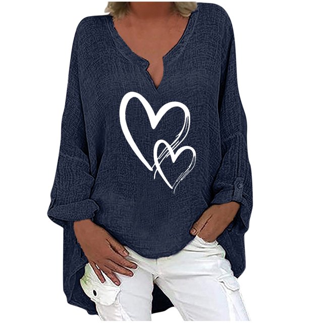 Camiseta suelta estampada a la moda para mujer Blusa de manga larga con cuello en V Tops casuales Pompotops FGAJ3889