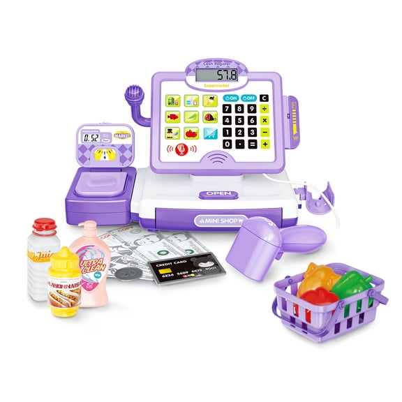 Pretend Play Cash Register Toy Preschool Gift for Kids, Classic Count Toy with Sound, Microphone, Scanner, Credit Card, Play Food for Boys & Girls, 57 Pieces Play Set, Ages 3 4 5 6 7, Purple