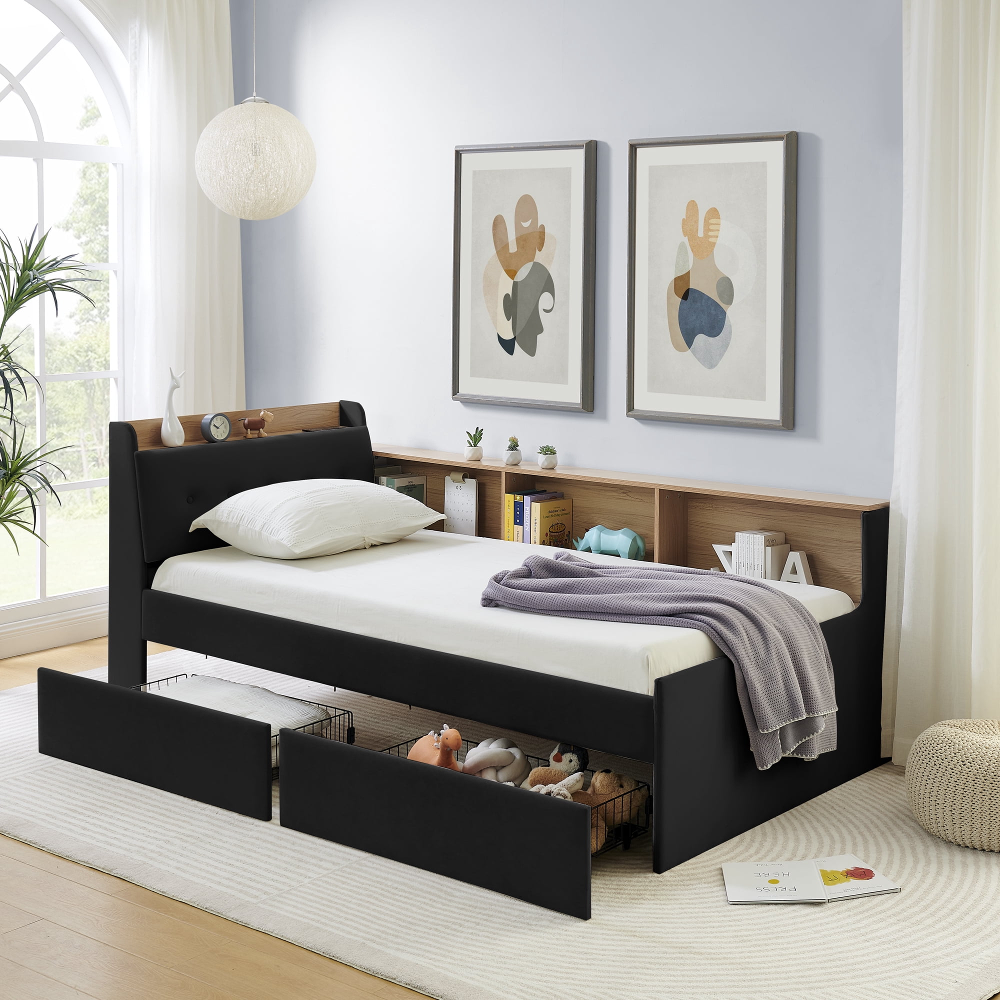 Leumius Corner Twin Size Bed Frame with Storage Headboard and Bookcase,Upholstered Daybed with Two Storage Drawers,LED Lights,Wireless Charging,Black