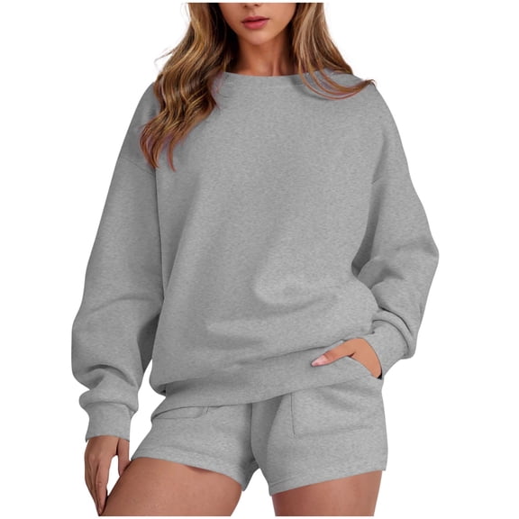 Huankd Women 2 Piece Outfits Sweat Shorts Sets 2026 Oversized Casual Lounge Matching Set Sweatsuit Tracksuit Spring Clothes Gray S