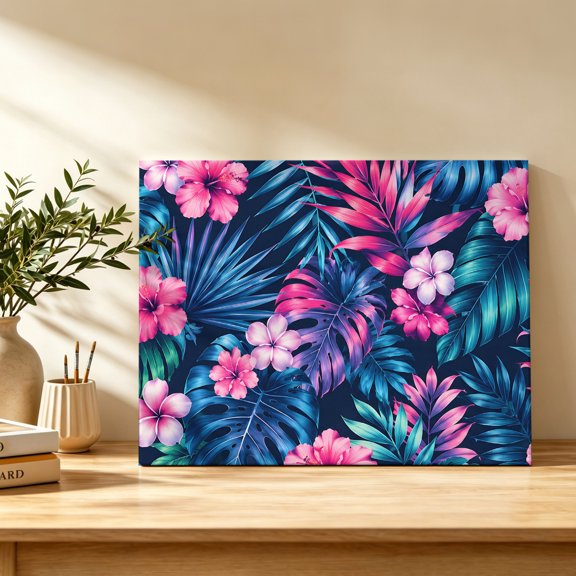 Summer Flowers Canvas Wall Art, Tropical Night Pink Floral Green Purple Palm Leaf Wall Art Prints Artwork Framed Canvas Ready to Hang Art Pictures for Study Living Dining Room Bedroom 20" x 16"
