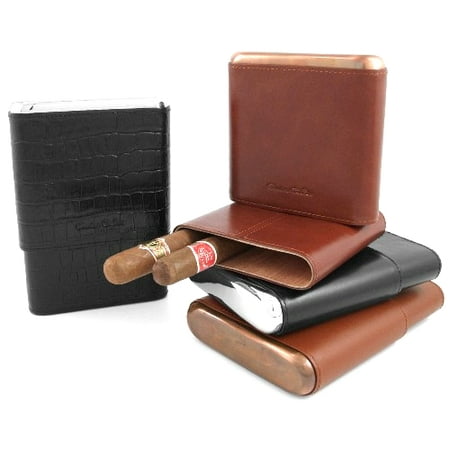 Andre Garcia Metropolitan Collection Smooth Brown Italian Leather Cedar-Lined Telescopic 5 Finger Cigar Case with Copper Metal Accent