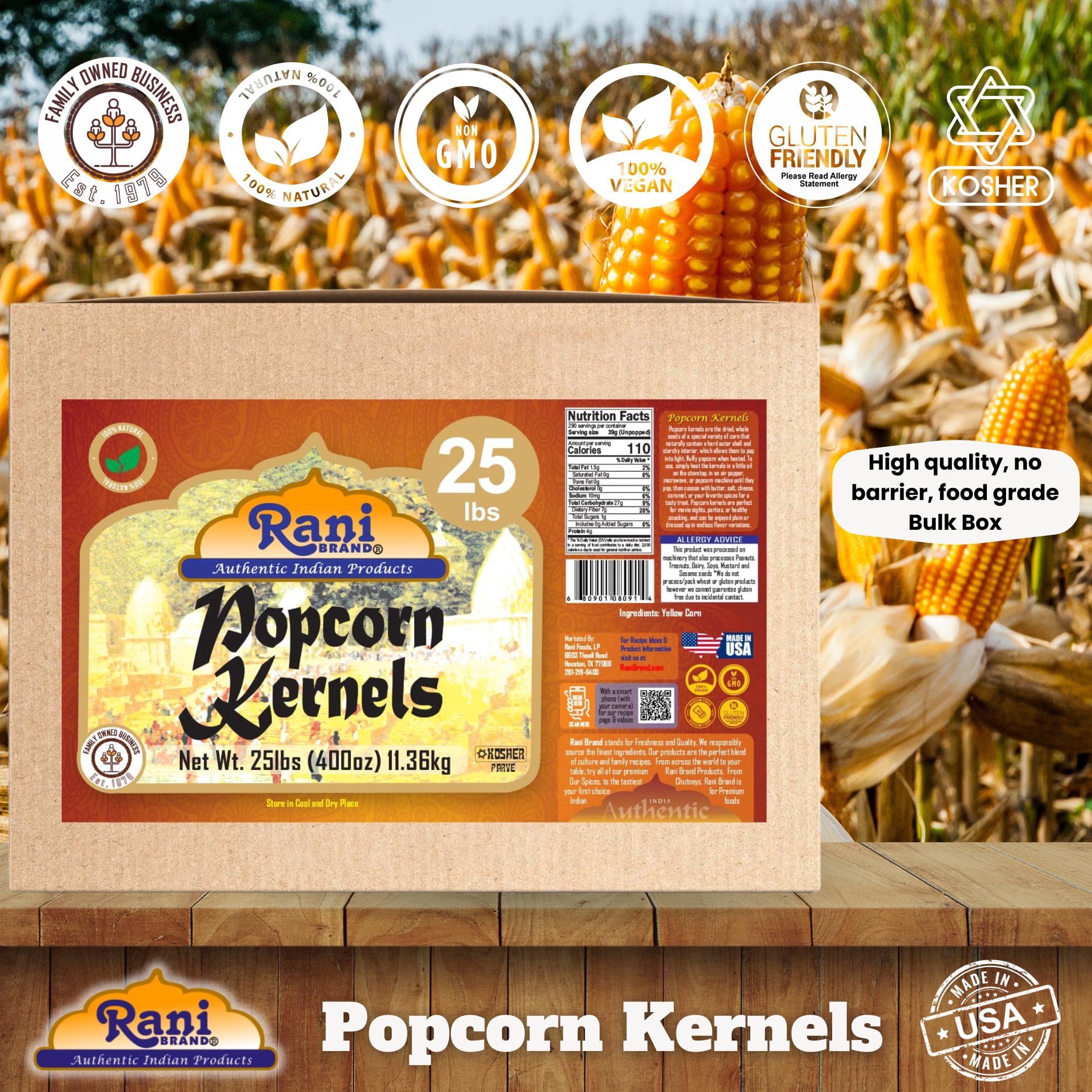 Rani Popcorn Kernels 400oz (25lbs) 11.36kg Bulk, Perfect for Stovetop, Microwave & Popcorn Machines ~ All Natural | Gluten Friendly | Vegan | NON-GMO | Kosher