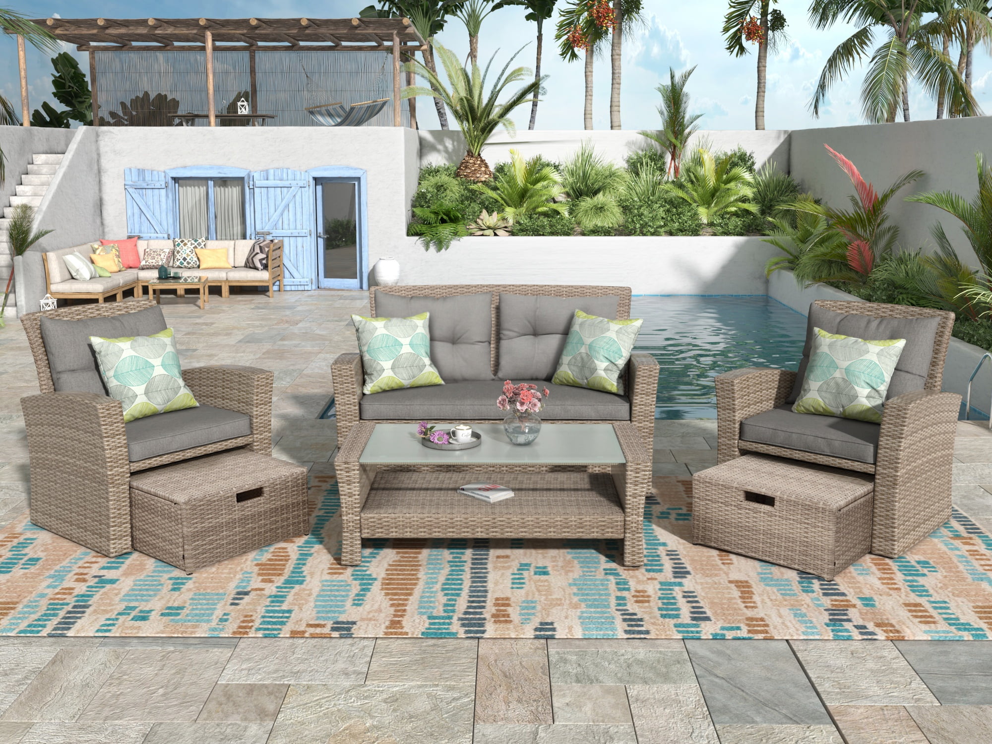 4-Piece Outdoor Patio Furniture Set, All-Weather PE Rattan Sectional Sofa with Ottoman and Cushions, Gray Conversation Set for Garden, Porch, Poolside