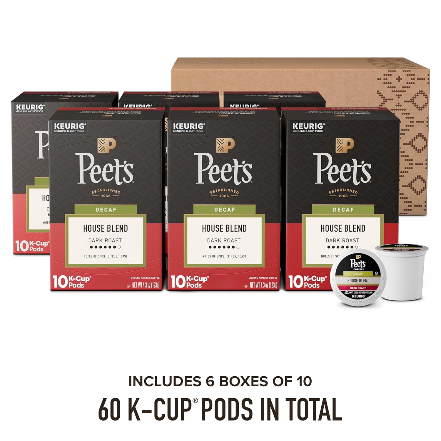Peet's Coffee, Dark Roast Decaf Keurig K-Cup Pods, Decaffeinated Arabica Coffee - Decaf House Blend 60 Count (6 Boxes of 10 K-Cup Pods)
