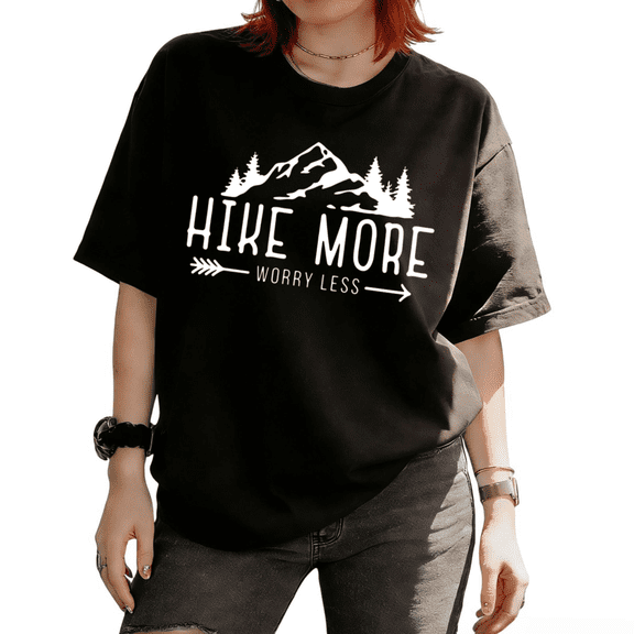 Cozymy Women's Hike More Worry Less Mountain Pine Tree Outdoor Adventure Graphic Short Sleeve T-Shirt Trendy Casual