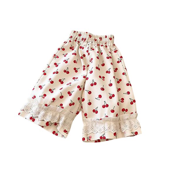 Pretxorve Kids Girls Wide Leg Pants Polka Dots Lace Border Loose Cropped Length Casual Bottoms Sizes 1-9Y