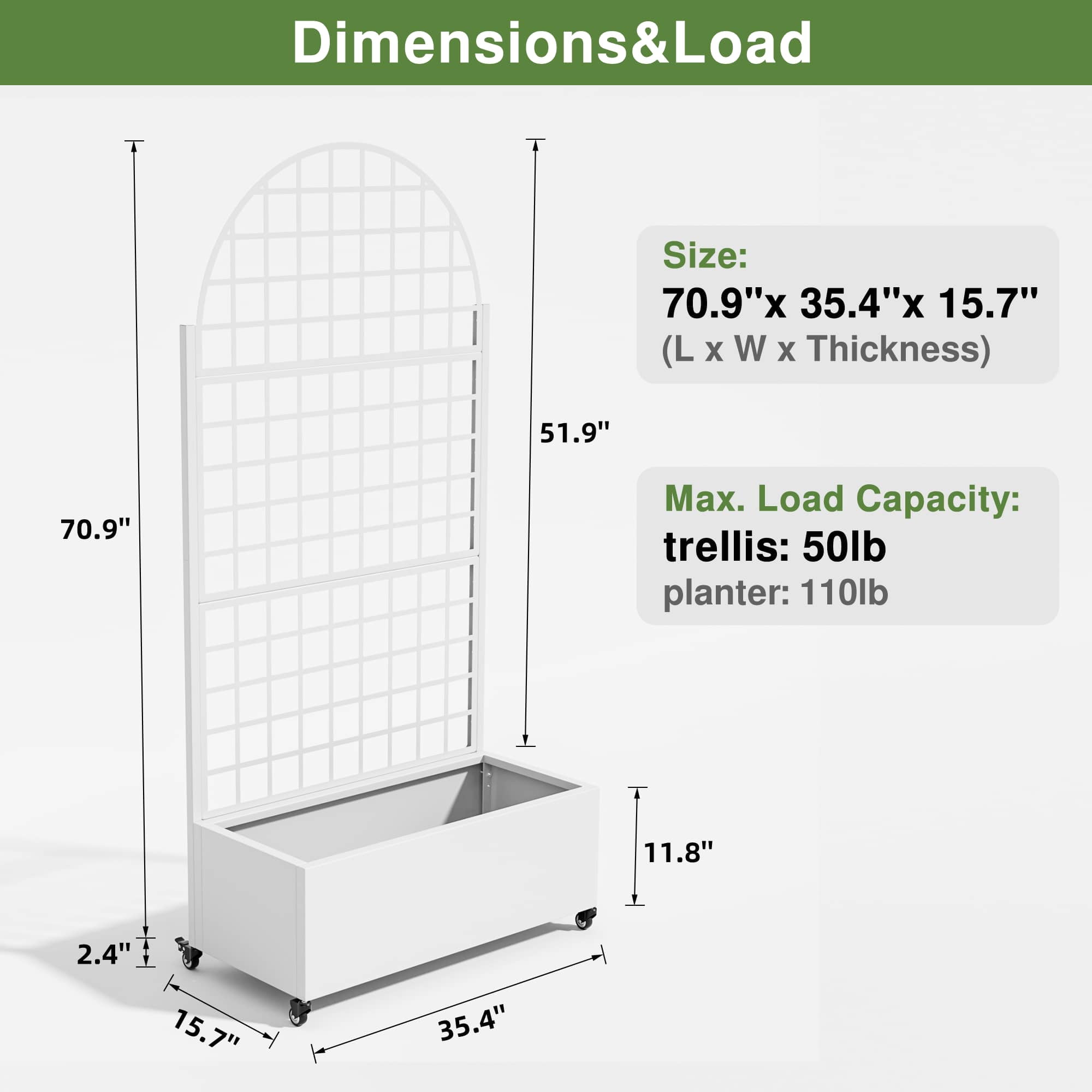 MAYEERTY 71" x 35" Metal Raised Garden Bed with Trellis Planter Box for Climbing Plants, White