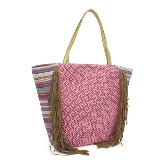 Women's Geometric Print Fringe Beach Tote Bag