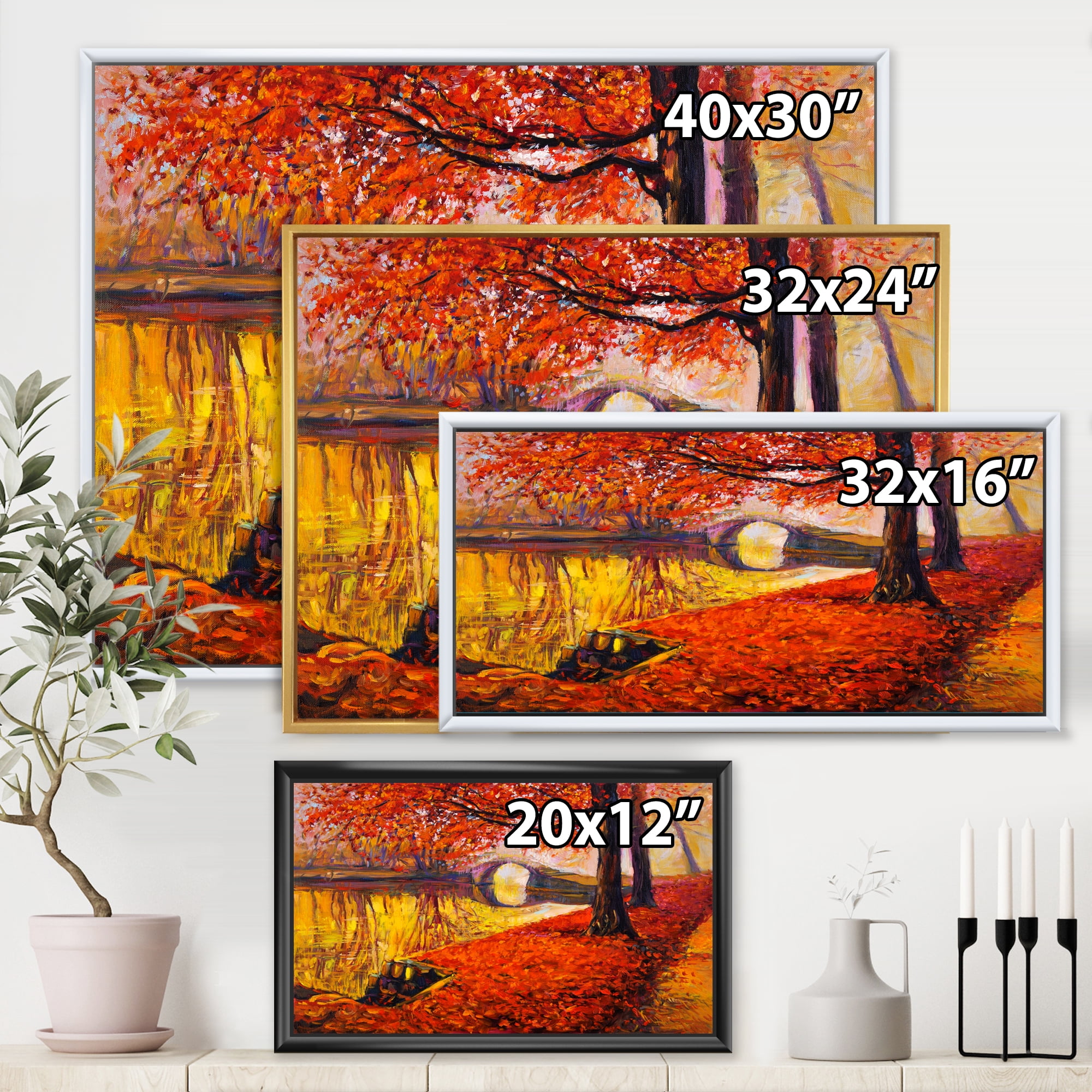 Little Bridge In Deep Orange Autumn Landscape I 32 in x 24 in Framed Painting Canvas Art Print, by Designart