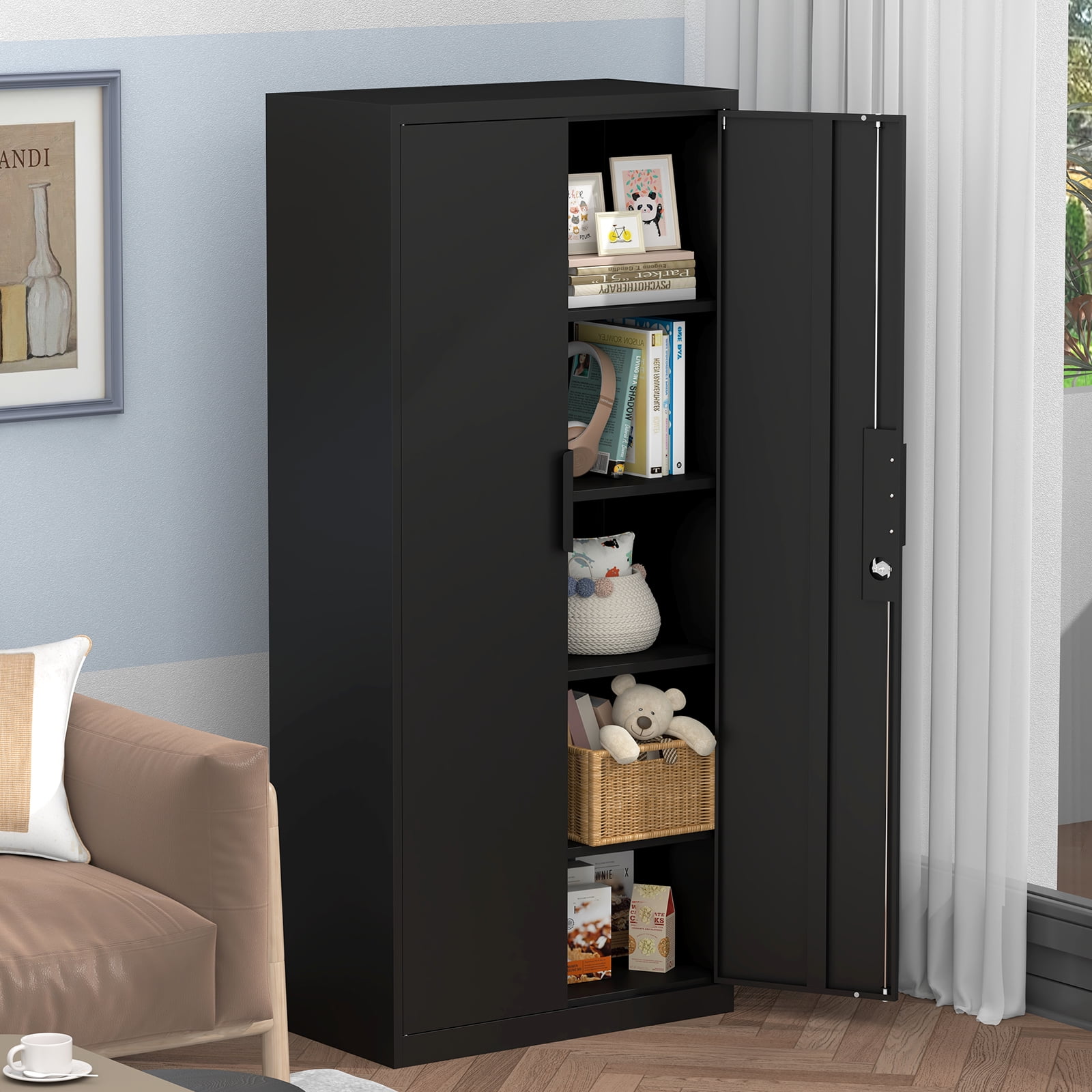 Marcree Metal Garage Storage Cabinet with 2 Doors and Adjustable Shelves - 71" Steel Lockable File Cabinet,Locking Tool Cabinets for Office,Home,Garage,Gym,School (Black)
