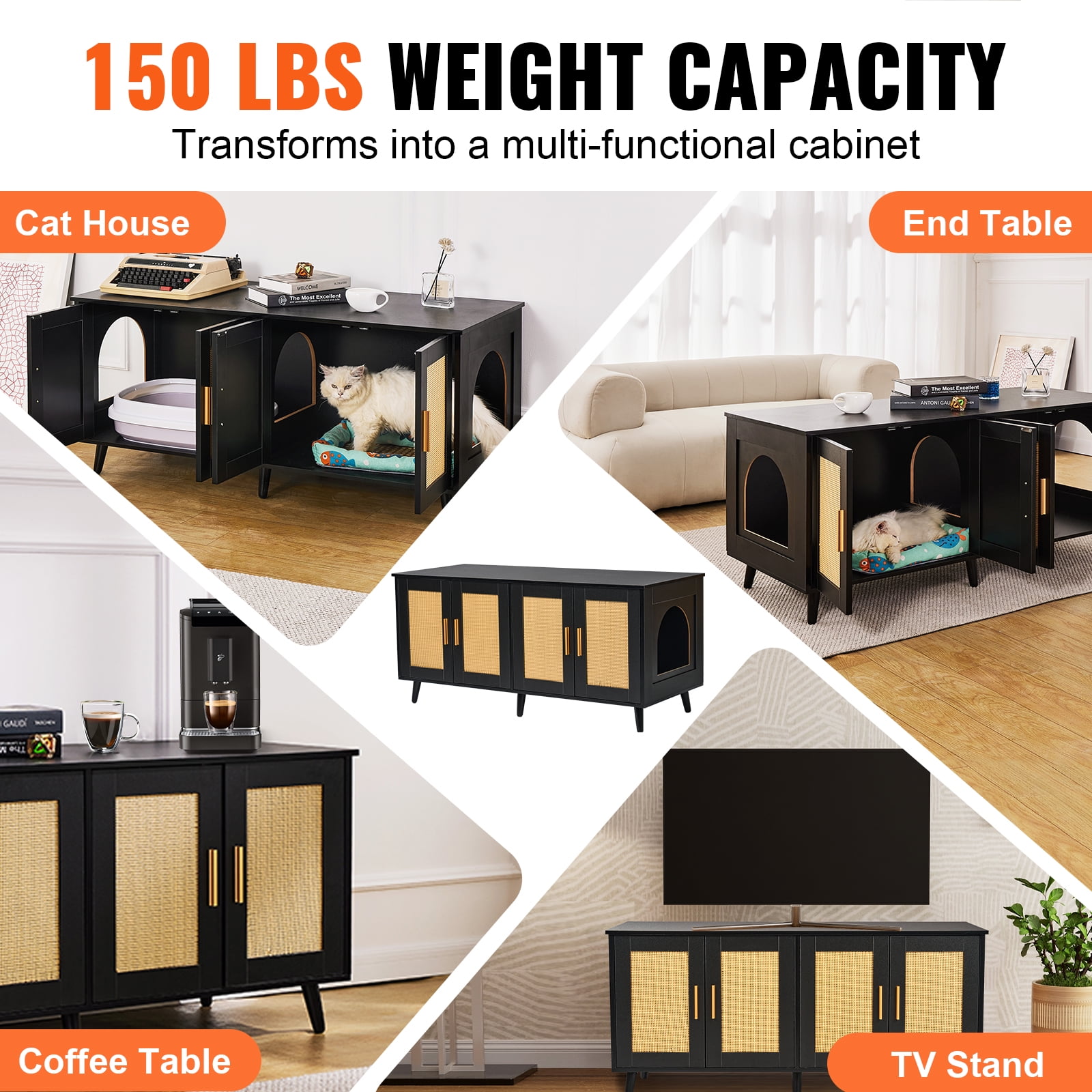 KFFKFF Cat Litter Box Enclosure for Two Cats, Hidden Litter Box Cabinet with Rattan-Style Doors, Wooden Design Compatible with Most Litter Boxes, 47.2"L x 19.7"W x 21.7"H, Black