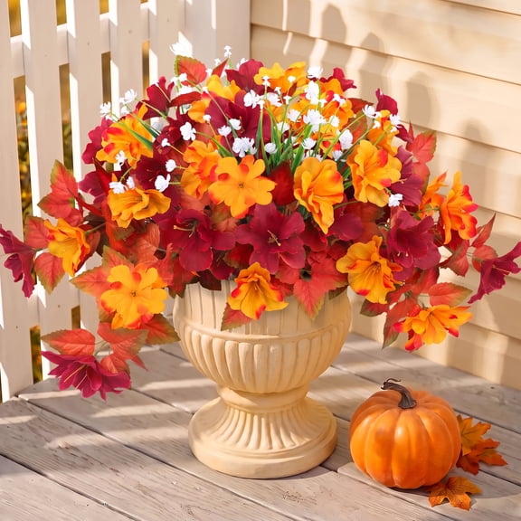 Scidweet Artificial Fall Flowers Outdoors, 2Pcs Autumn Fake Silk Azalea Flowers With Faux White Lotus Plants Fall Decorations for Home Outdoor Garden Balcony Yard Front Porch Indoor Decor