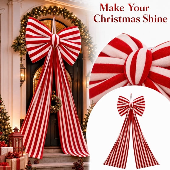 MInHoues Extra Large Christmas Bow 47x15", Red and White Striped Hanging Ornament, Rustic Farmhouse Holiday Tree Topper Decor for Indoor Outdoor Festive Window Display