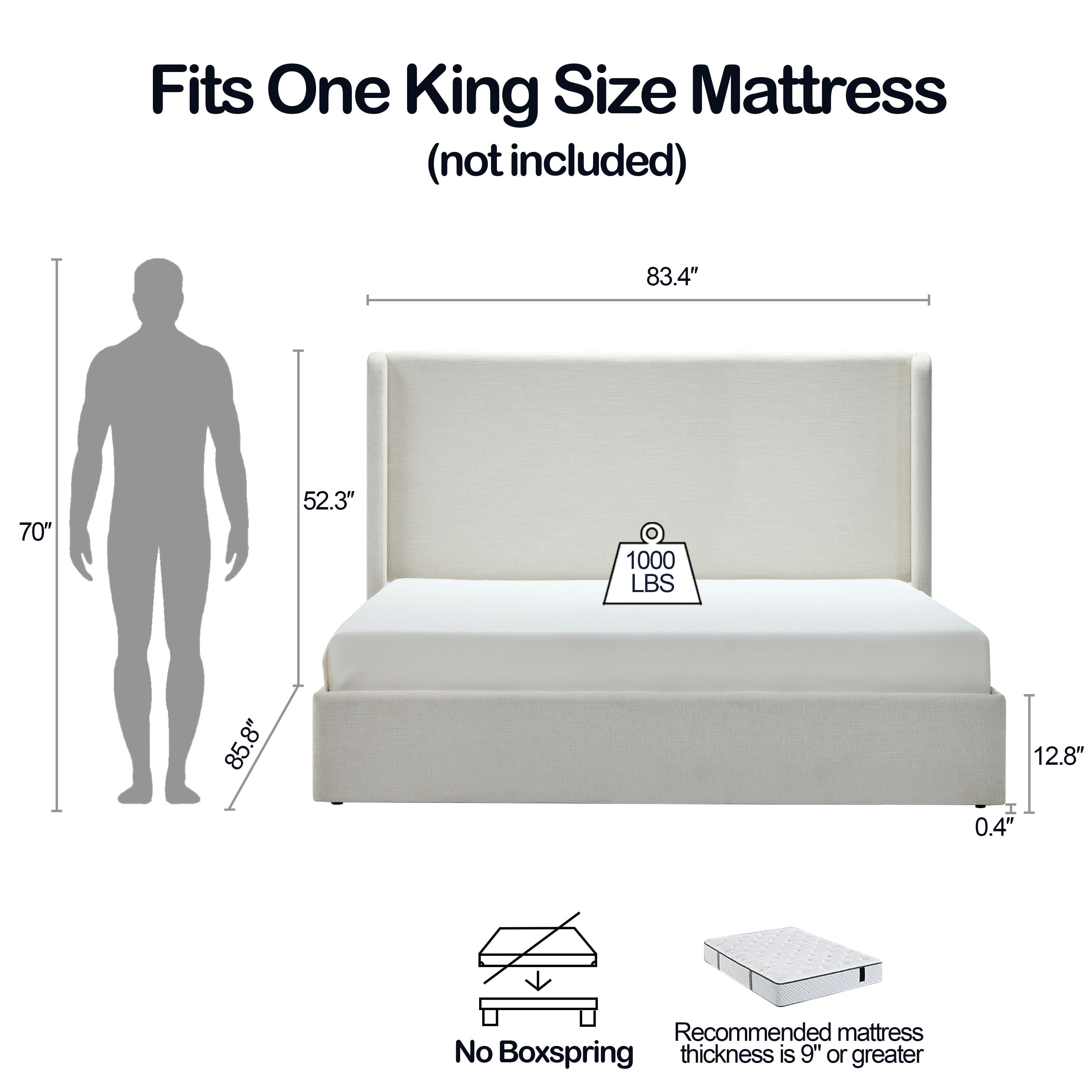 Miniyam King Size Wingback Bed with 54" High Upholstered Headboard for Adult, Ivory
