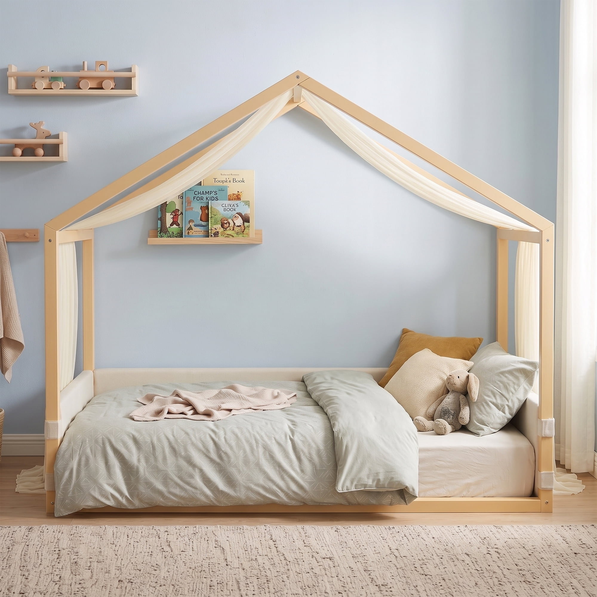 Mintazer Twin Size Montessori House Floor Bed with Breathable Gauze Canopy & Velvet Upholstered Side Guard Panels, Low Platform Kids Playhouse Bed Frame for Bedroom Guest Room, Natural