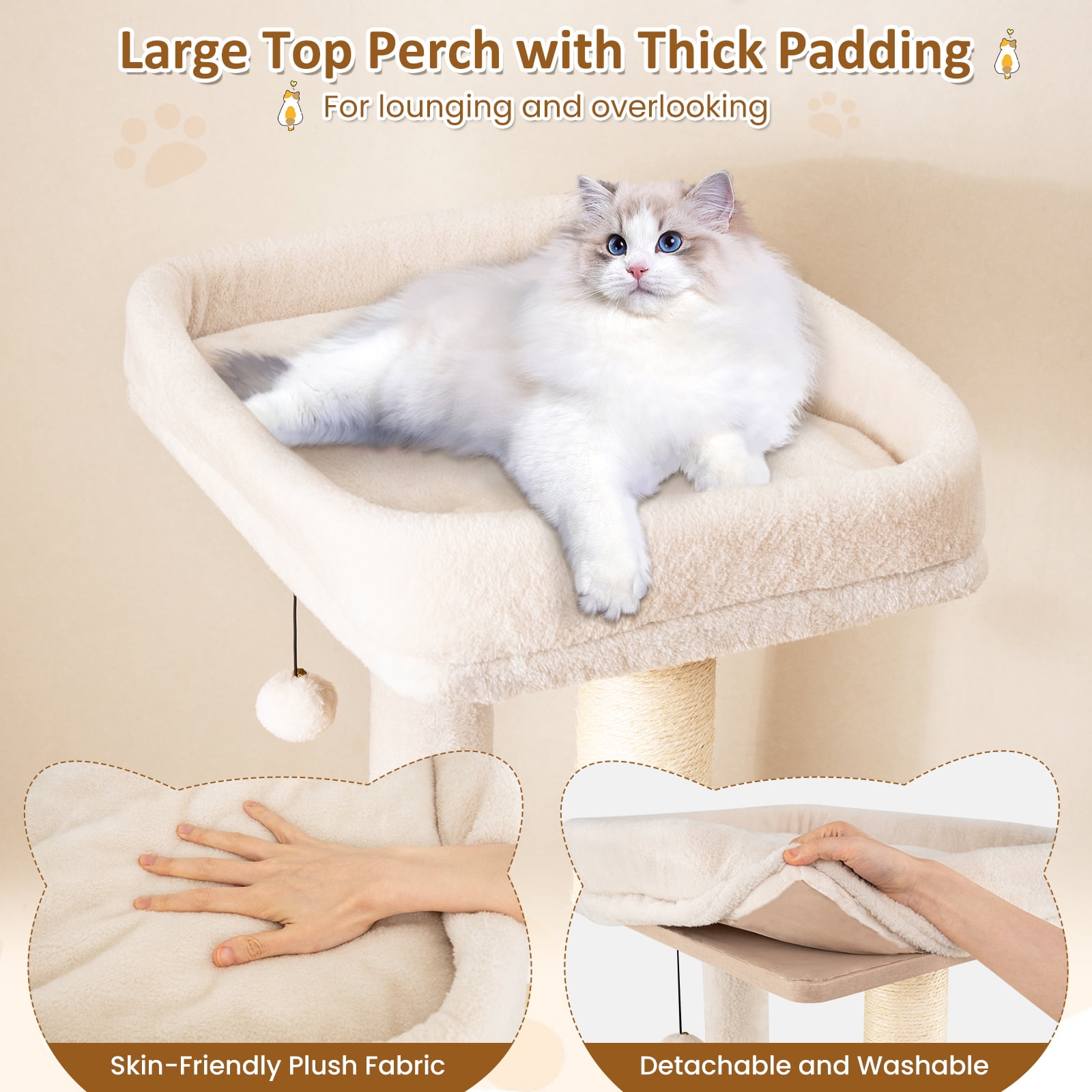Gymax 63'' Tall Wooden Cat Tree w/2-Story Condo Plush Padded Top Perch Dangling Ball