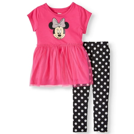 Minnie Mouse Short Sleeve Tulle Tunic & Polka Dot Leggings, 2pc Outfit Set (Toddler Girls)