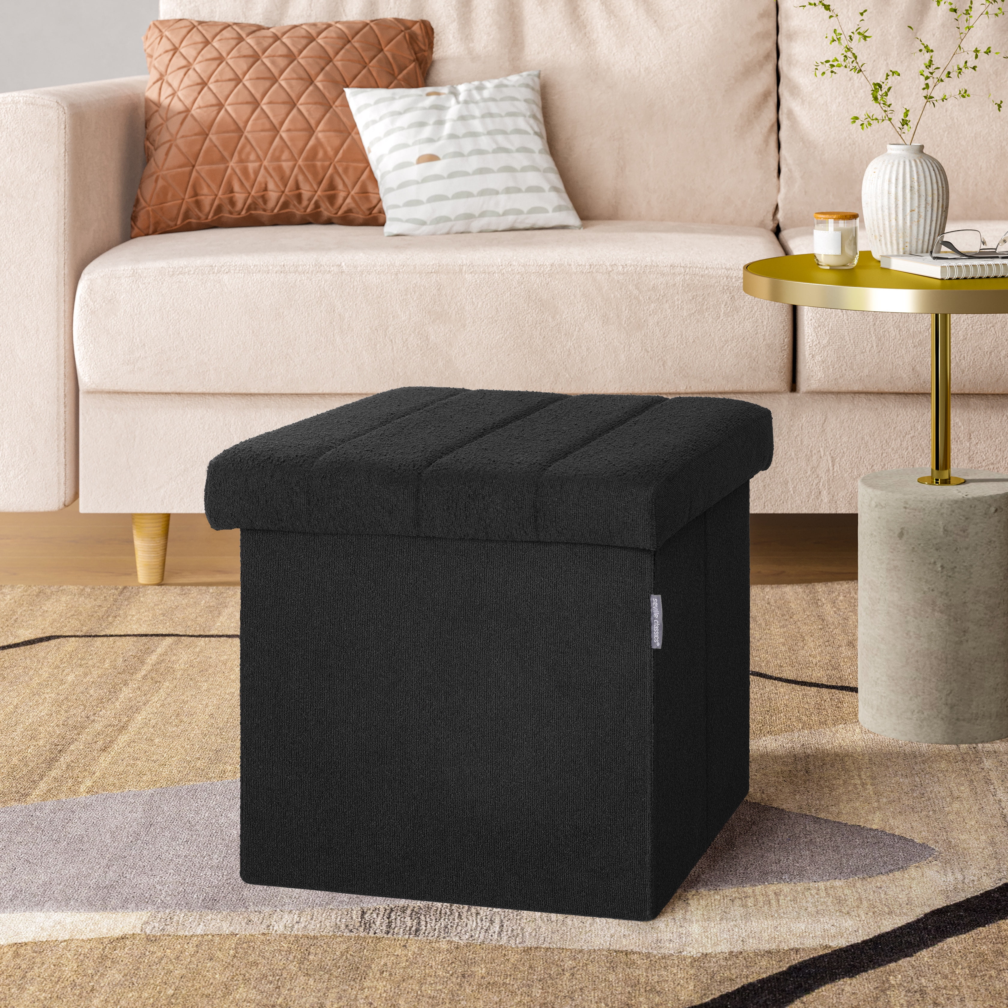 Seville Classics Cushioned Fabric Ottoman Hidden Storage Chest Footrest Chair for Bedroom, Dorm, Loft, Living Room, Entryway, Hallway, Black Boucle, 15.7" Cube