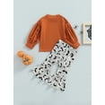 thumbnail image 3 of DcoolMoogl Toddler Baby Girl Halloween Outfit  Witch Hat Long Sleeve Sweatshirt Tops Bat Spider Web Flared Pants Halloween Clothes Set Dark Orange 4-5 Years, 3 of 7