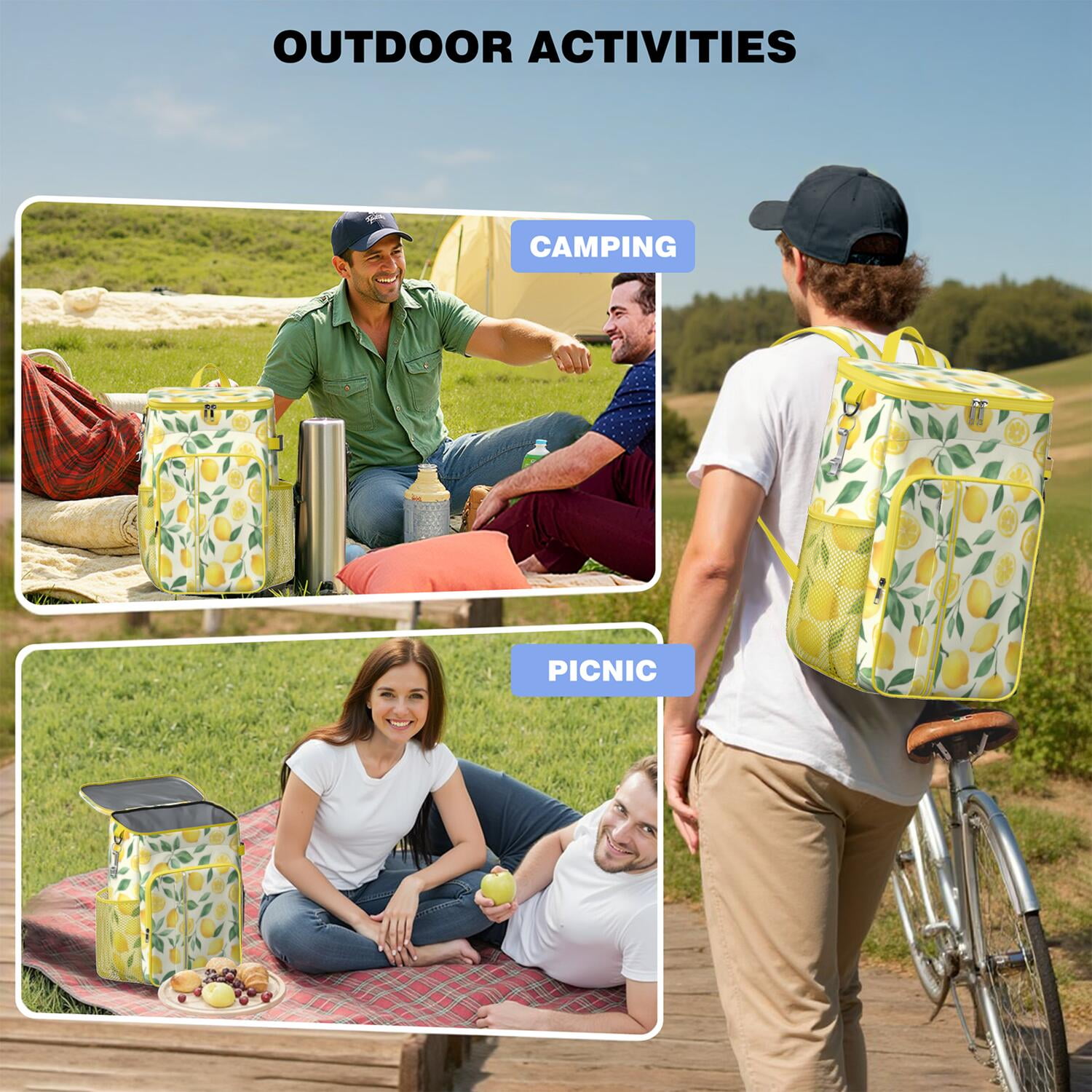 Travel Cooler Bag - Lemon Camping Beer Cooler Backpack with Bottle Opener- Waterproof Insulated Picnic Backpacks - Cooler Bag for Beach