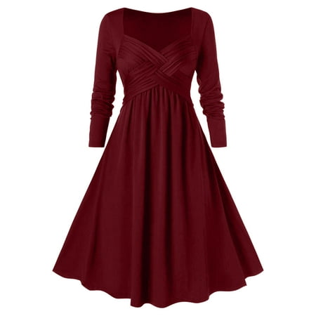 

Moxiu Women Solid Cross V-neck Dress Renaissance Gothic Casual Long Sleeve Dresses Medieval Retro Dark Midi Dress