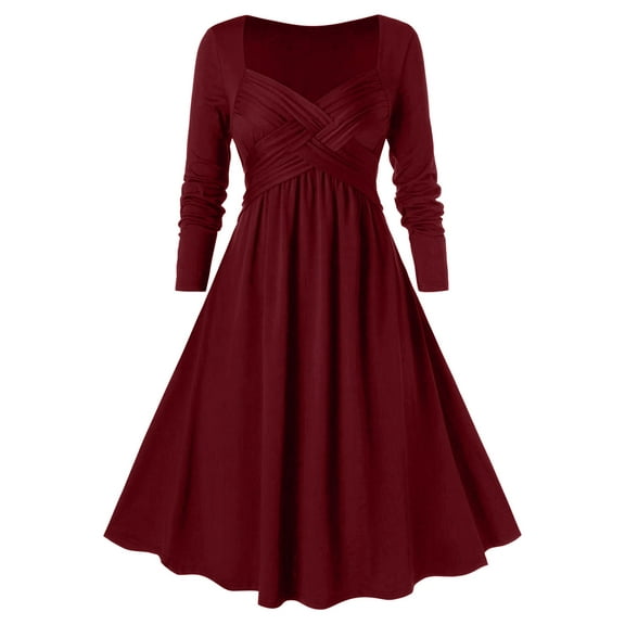 Zpanxa Women's Gothic Vintage Midi Dress, Solid Long Sleeves Dress, Halloween Cosplay Court Banquet Dress, Plus Size Gothic Retro Solid Cross V-Neck Dress Wine XL