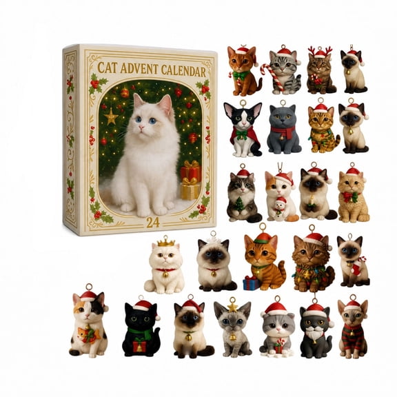 Christmas Cat Advent Calendar, Comes with 24 Mini 2D Acrylic Hanging Ornaments, Versatile Home Display Decor Set, Collectible Surprise Gift for All Ages