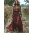 thumbnail image 2 of Burgundy Boho Long Sleeve Deep V-Neck A-Line Maxi Dress With Embroidered Bodice And Tiered Skirt, 2 of 3