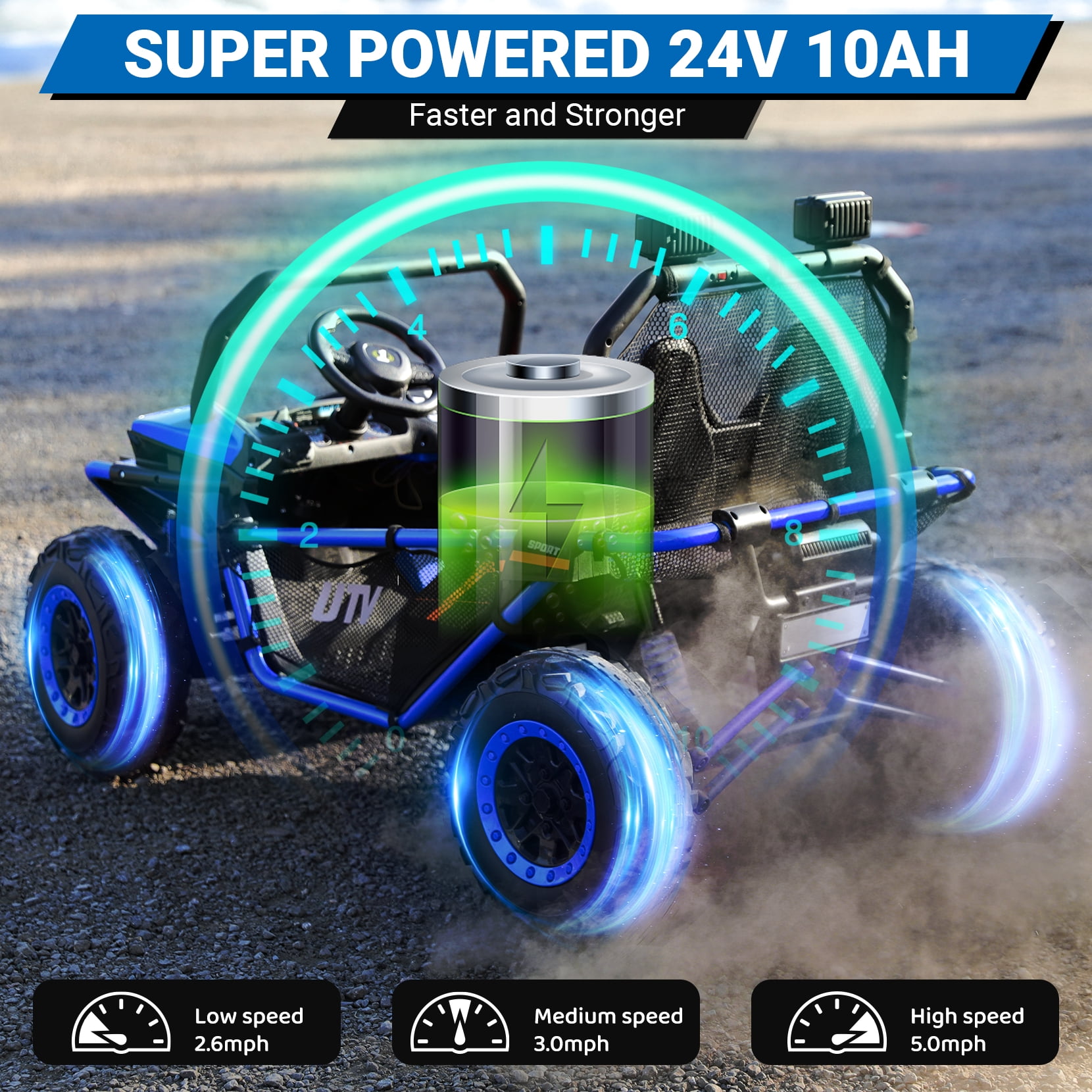 24V Kids Ride on Car, 2 Seater 10Ah Powered on Truck,4*200W Motor Electric Vehicles with Remote Control,Up to 5mph,Spring Suspension UTV for 3-8 Boys Girls,Blue