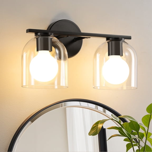 Modern Bathroom Light Fixtures, 2 Light Vanity Lights Over Mirror, Black Wall Lamp with Clear Glass Shade for Living Room Cabinet Bedroom Porch