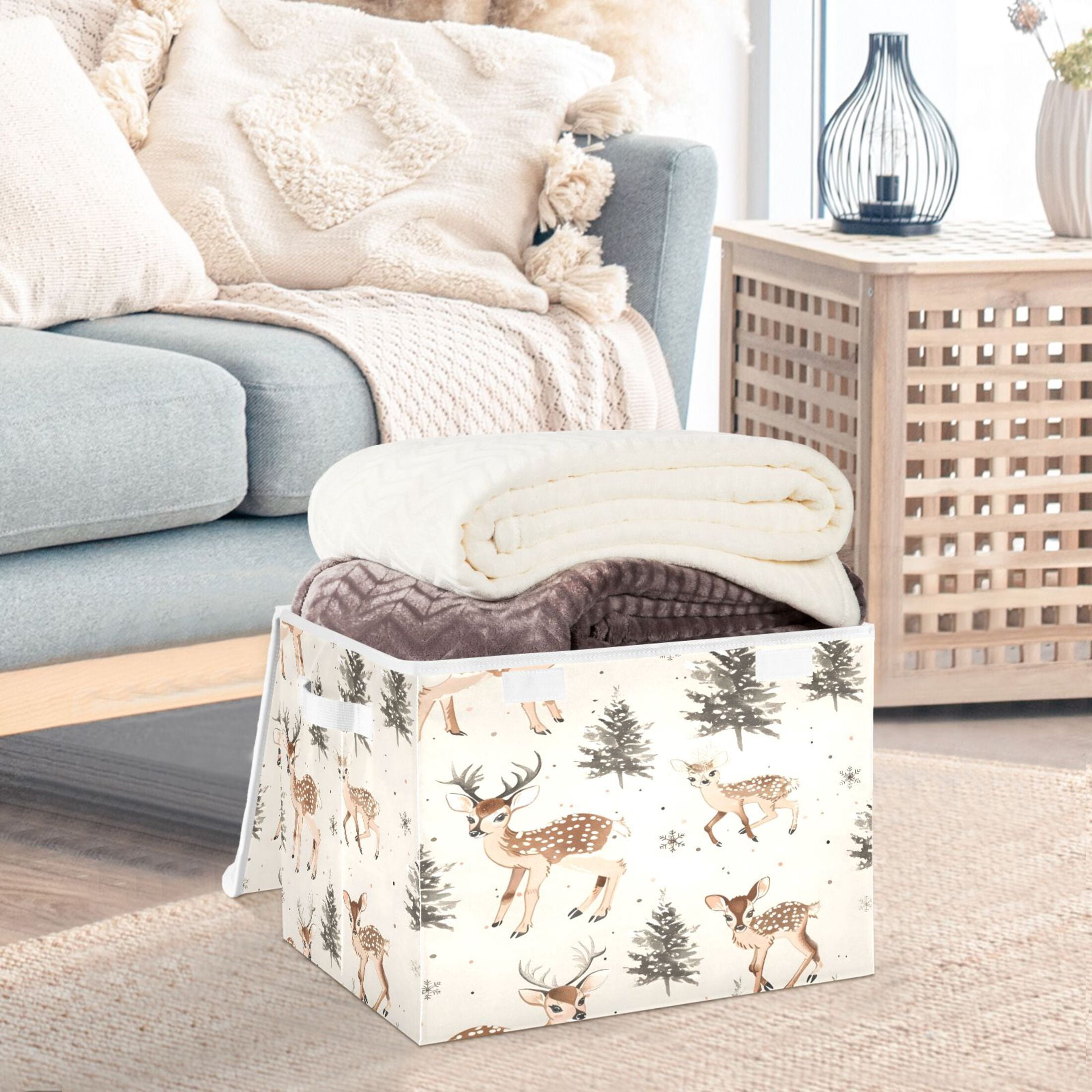 Ryvnso Deer Christmas Tree Large Lidded Foldable Storage Baskets Cubes Boxes Lids Bin for Home
