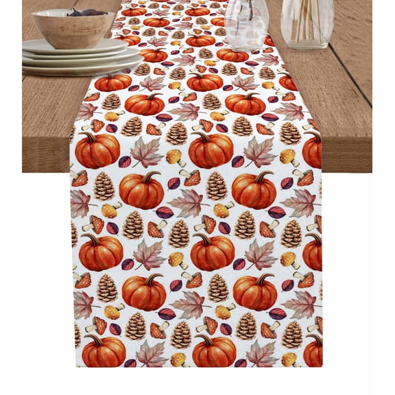 Fall Pumpkin Table Runner 72 Inches, Thanksgiving Orange Maple Leaves Country Bed Runner Dresser Scarves Tabletop for Indoor Outdoor Parties/Ceremony/Banquet, 14" x 72"
